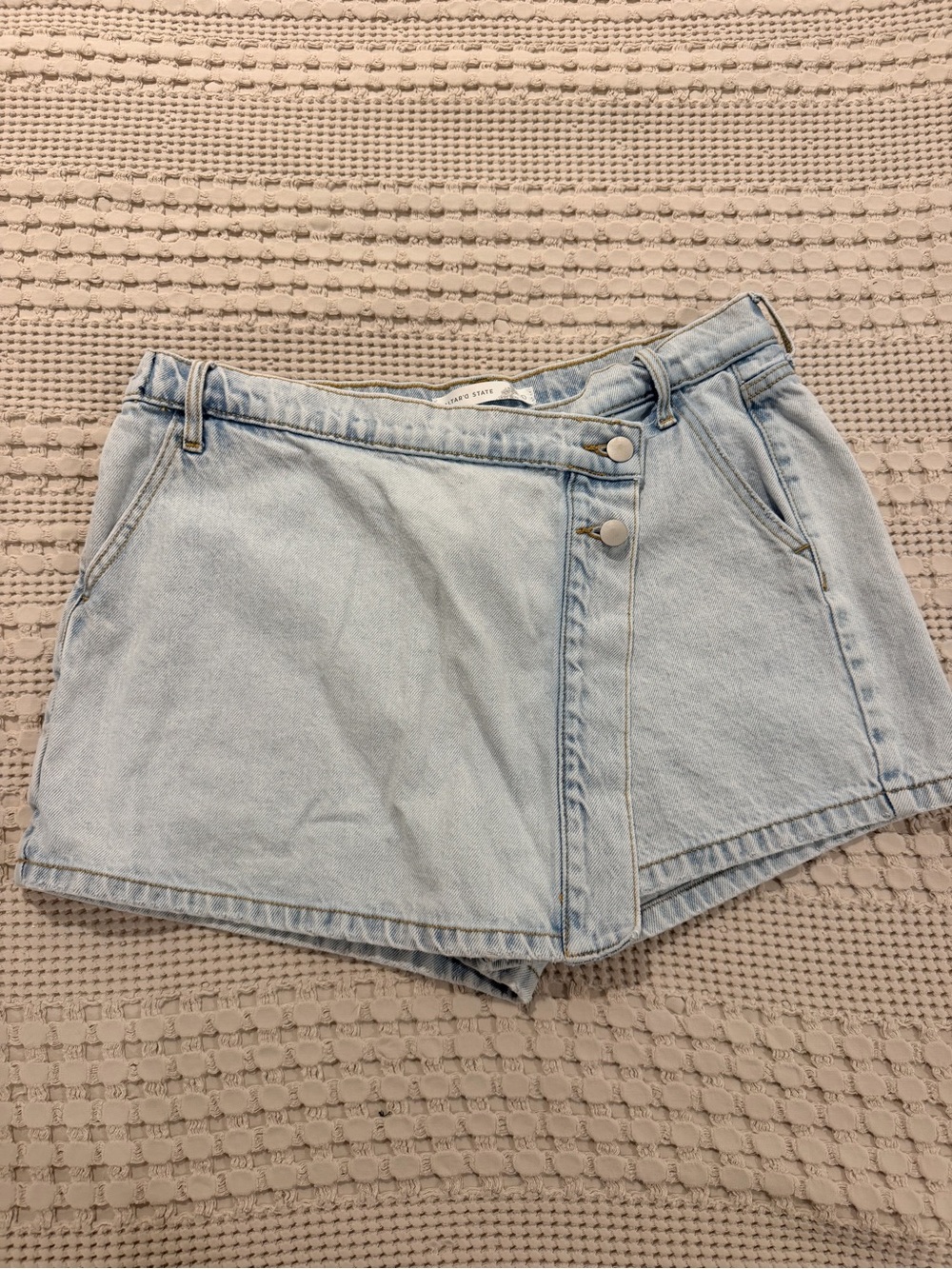 Altar'd State Light Wash Denim Wrap-Front Shorts